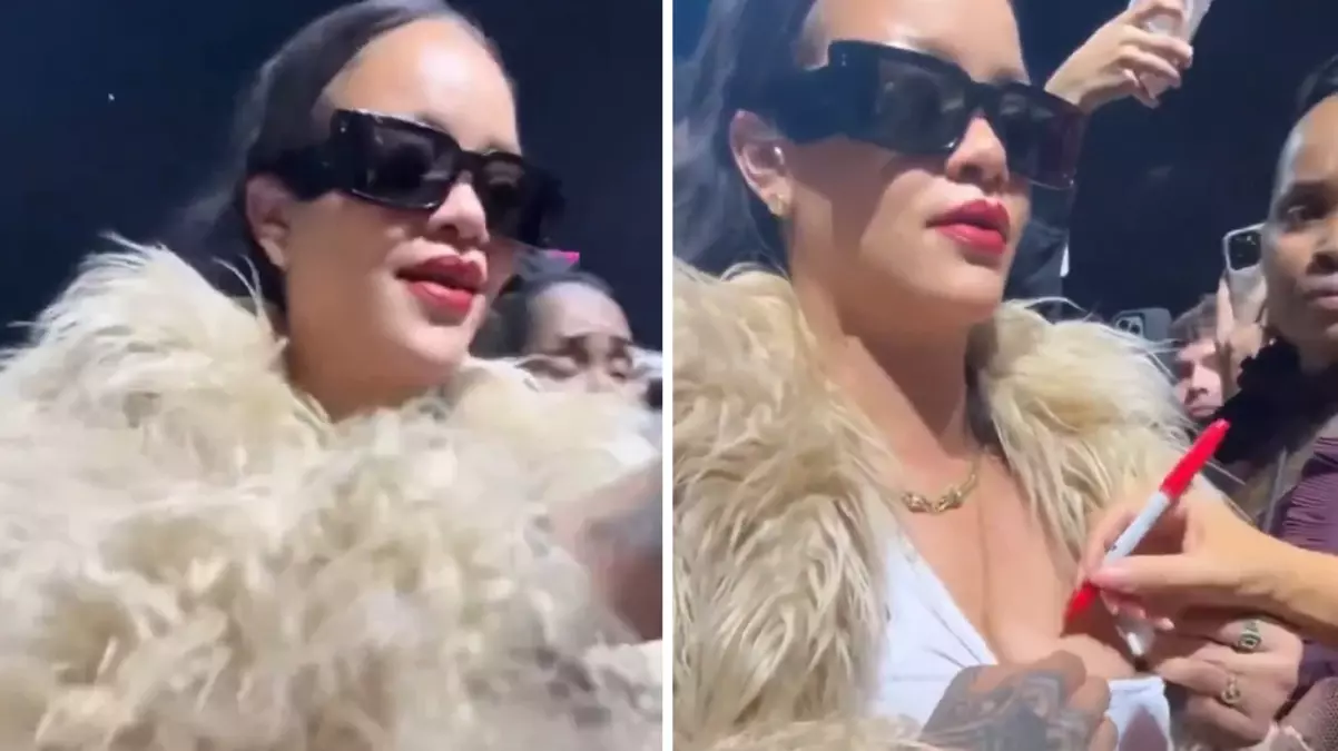 Rihanna konserde göğsünü açıp Mariah Carey’e imzalattı